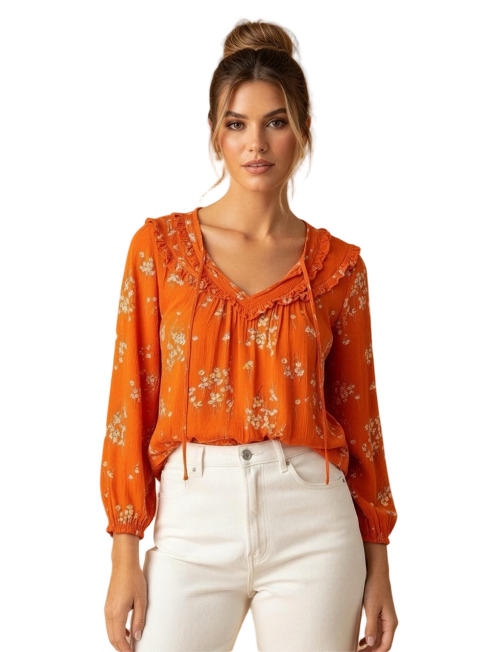 a.n.a Orange Floral Ruffle V-Neck Peasant Blouse Size S